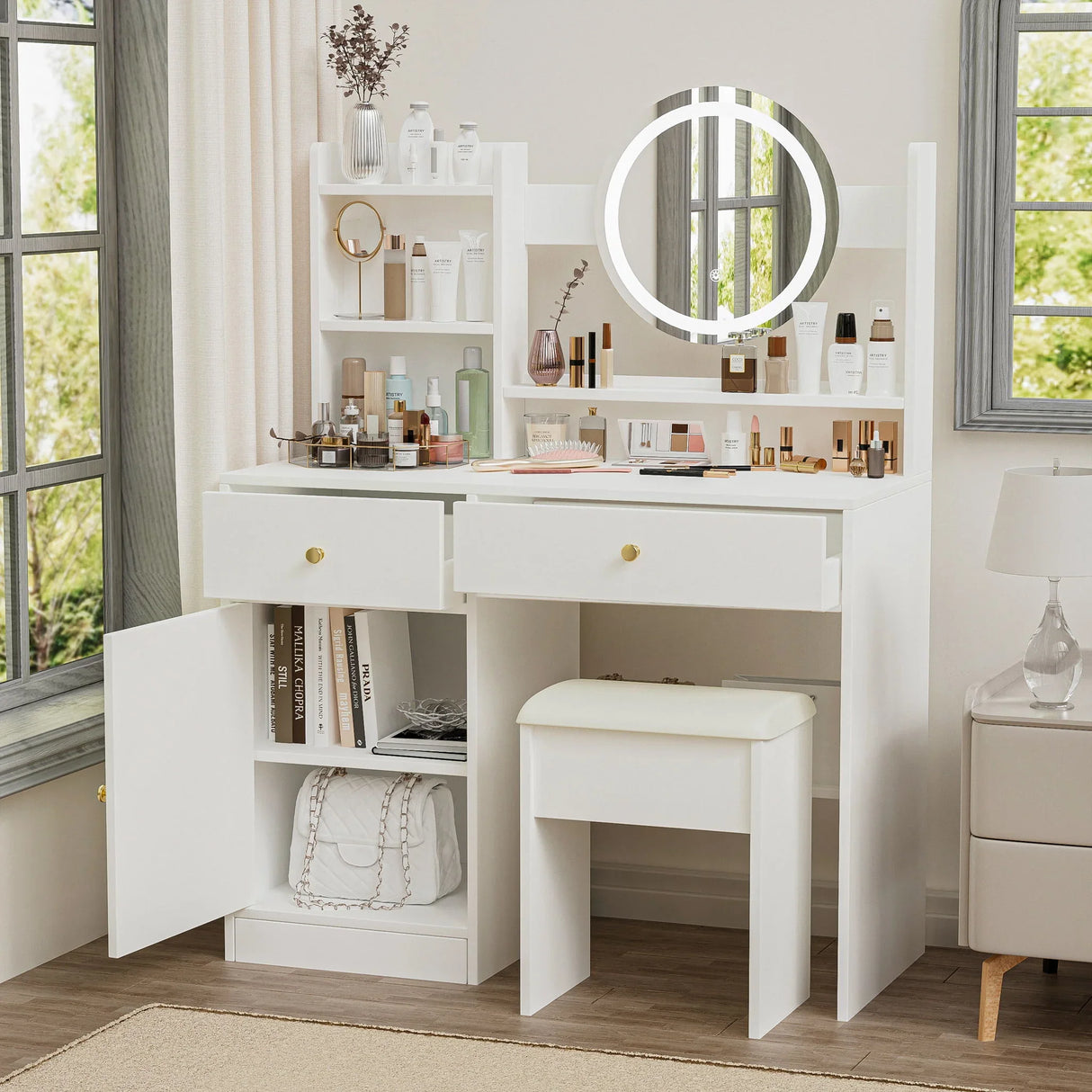 Fashion Vanity Desk With Mirror And Lights For Makeup And Cushioned Chair - White - Furniture Home Direct