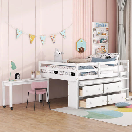 Loft Bed With Retractable Writing Desk And 4 Drawers, With Lateral Portable Desk And Shelves - Furniture Home Direct