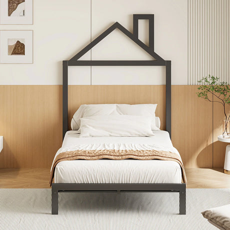 Metal Platform Bed With House-Shaped Headboard Design - Furniture Home Direct