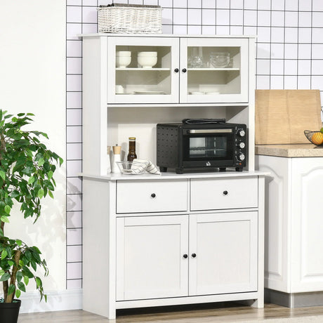 Homcom - 63.5" Kitchen Buffet With Hutch, Pantry Storage Cabinet With 4 Shelves, Drawers, Framed Glass Doors, Open Microwave Countertop - Antique White - Furniture Home Direct