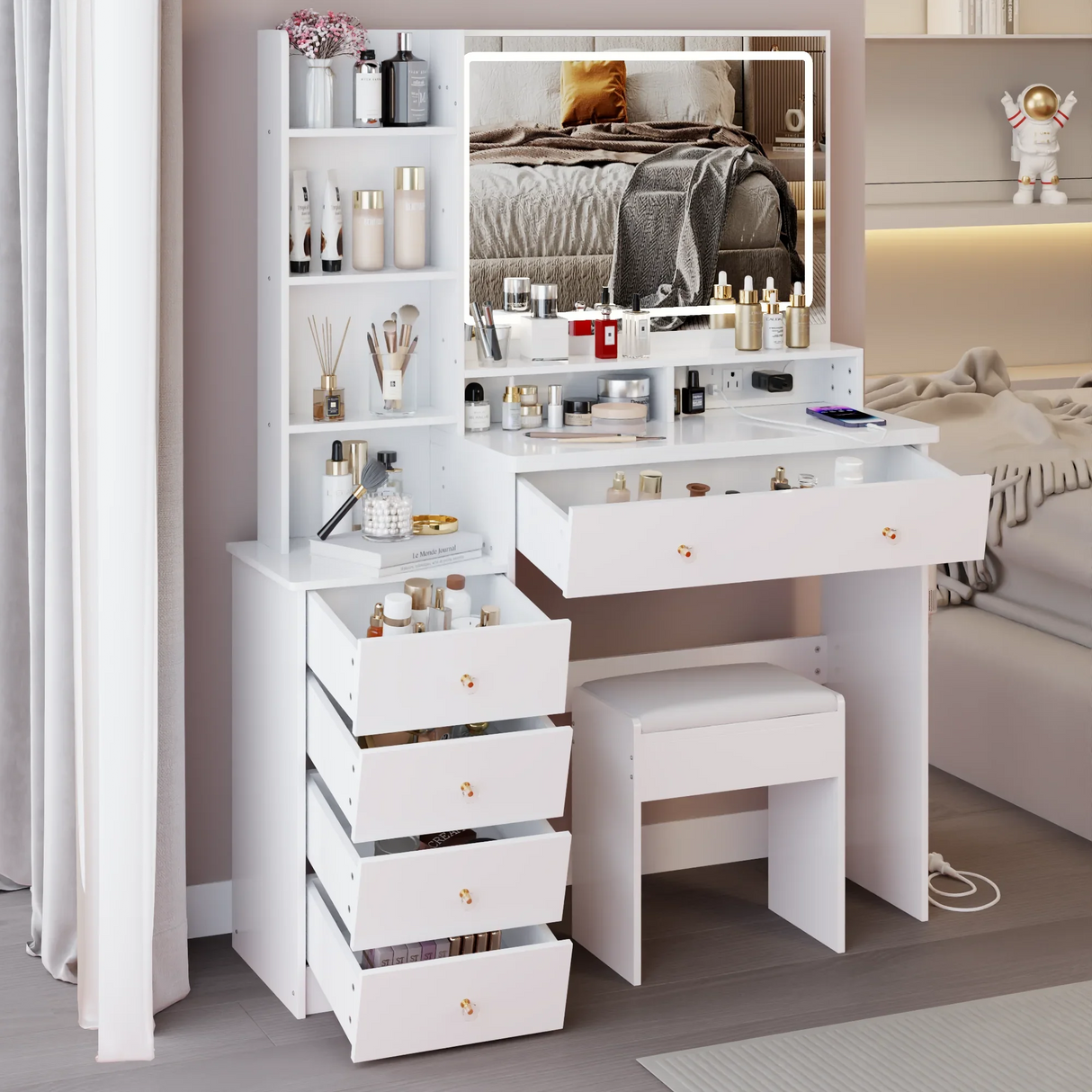 Vanity Desk With Cushioned Stool Mirror Makeup White - Furniture Home Direct