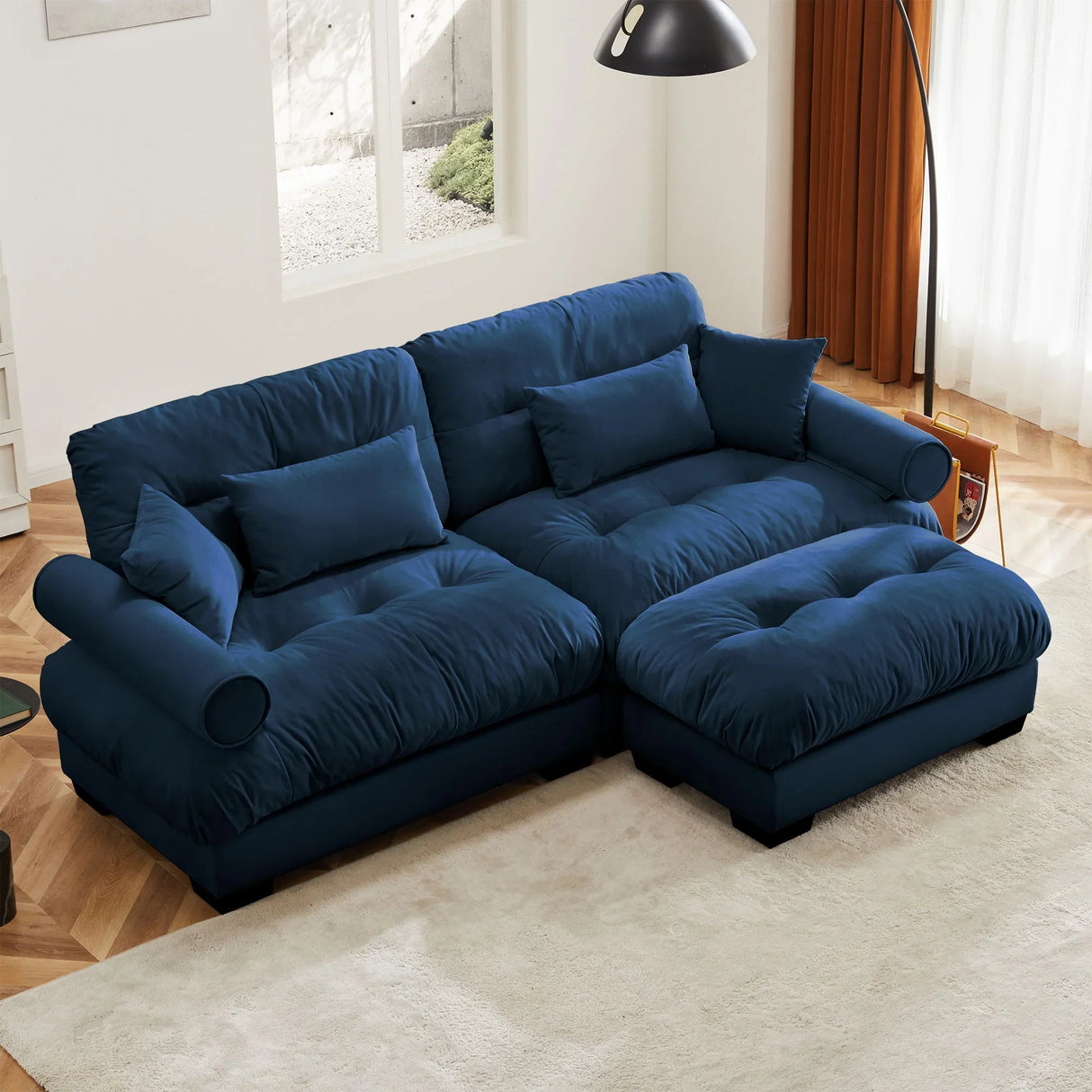 Modern Sectional Sofa With Ottoman, Round Bolster Armrests, Waist And Throw Pillows - Furniture Home Direct