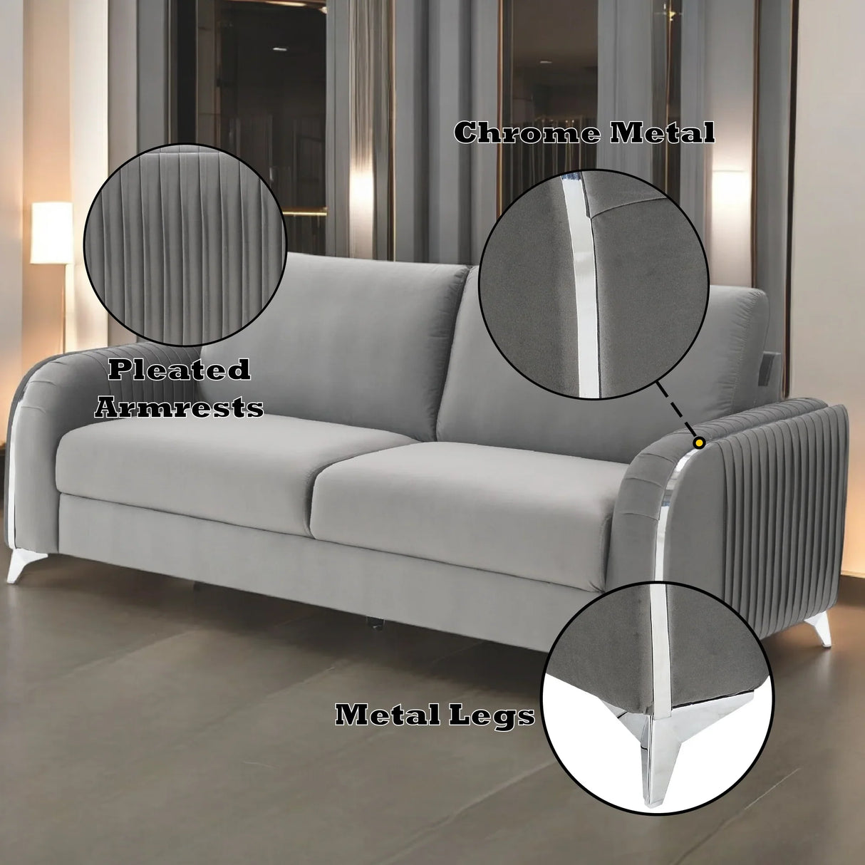 Wenona Gray Velvet 3Pcs Living Room Set (Sofa, Loveseat, Chair) - Furniture Home Direct