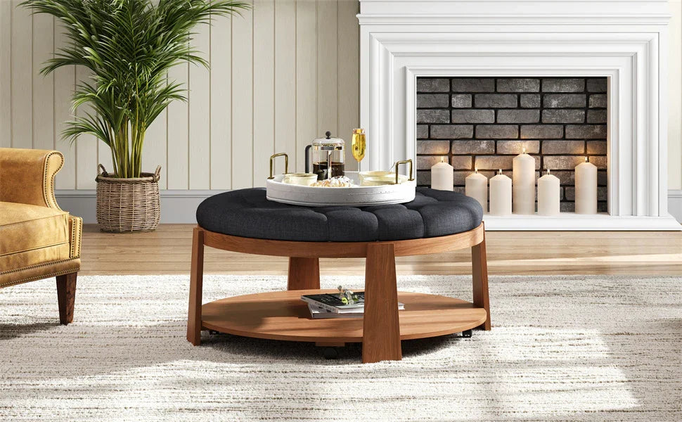 Round Ottoman Coffee Table Oversized Tufted Wood Base Black - Furniture Home Direct