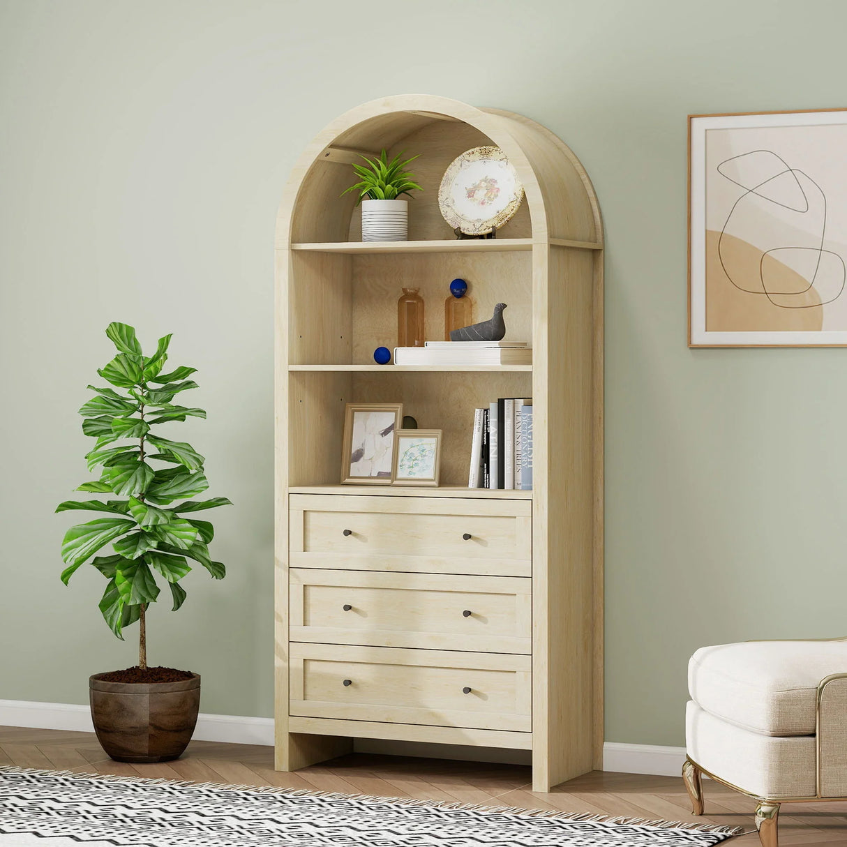 Arched Kitchen Pantry, Modern Farmhouse Wood Kitchen Storage Cabinets, Arched Storage Display Cabinet With Adjustable Shelves, Versatile Cupboard For Kitchen, Dining Room, Living Room - Natural - Furniture Home Direct