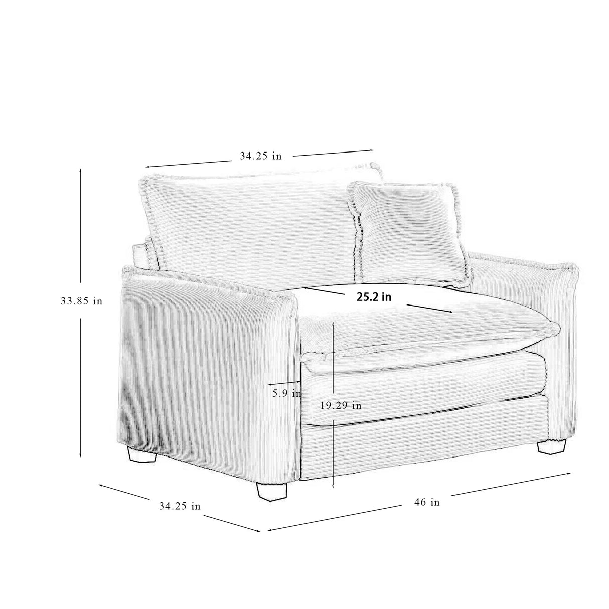 3 Piece Living Room Set with Soft Cushions and Pillows in Corduroy Fabric - Off White - Furniture Home Direct