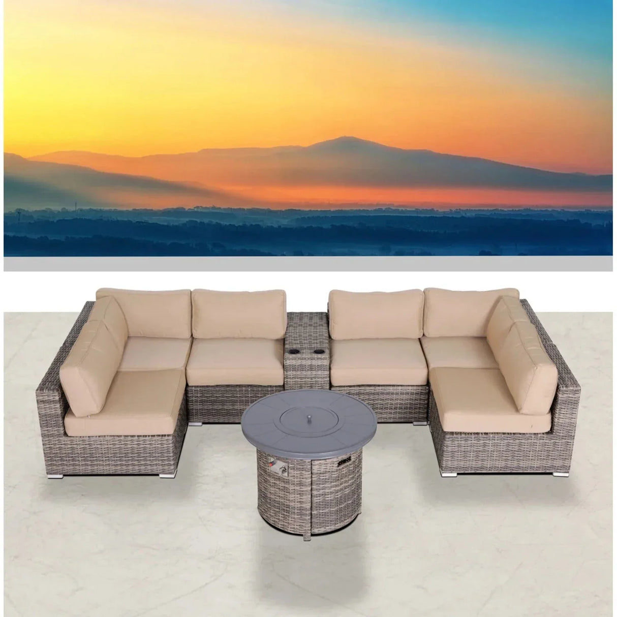 Wicker Outdoor Lounge Set With Cushions And Fire Pit - Furniture Home Direct