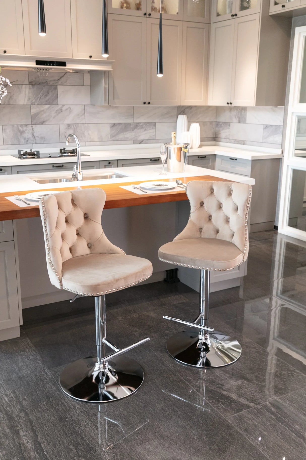 Bar Stool Set Swivel Tufted Velvet Chrome Base Khaki - Furniture Home Direct