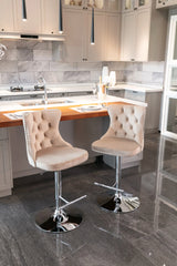 Bar Stool Set Swivel Tufted Velvet Chrome Base Khaki - Furniture Home Direct