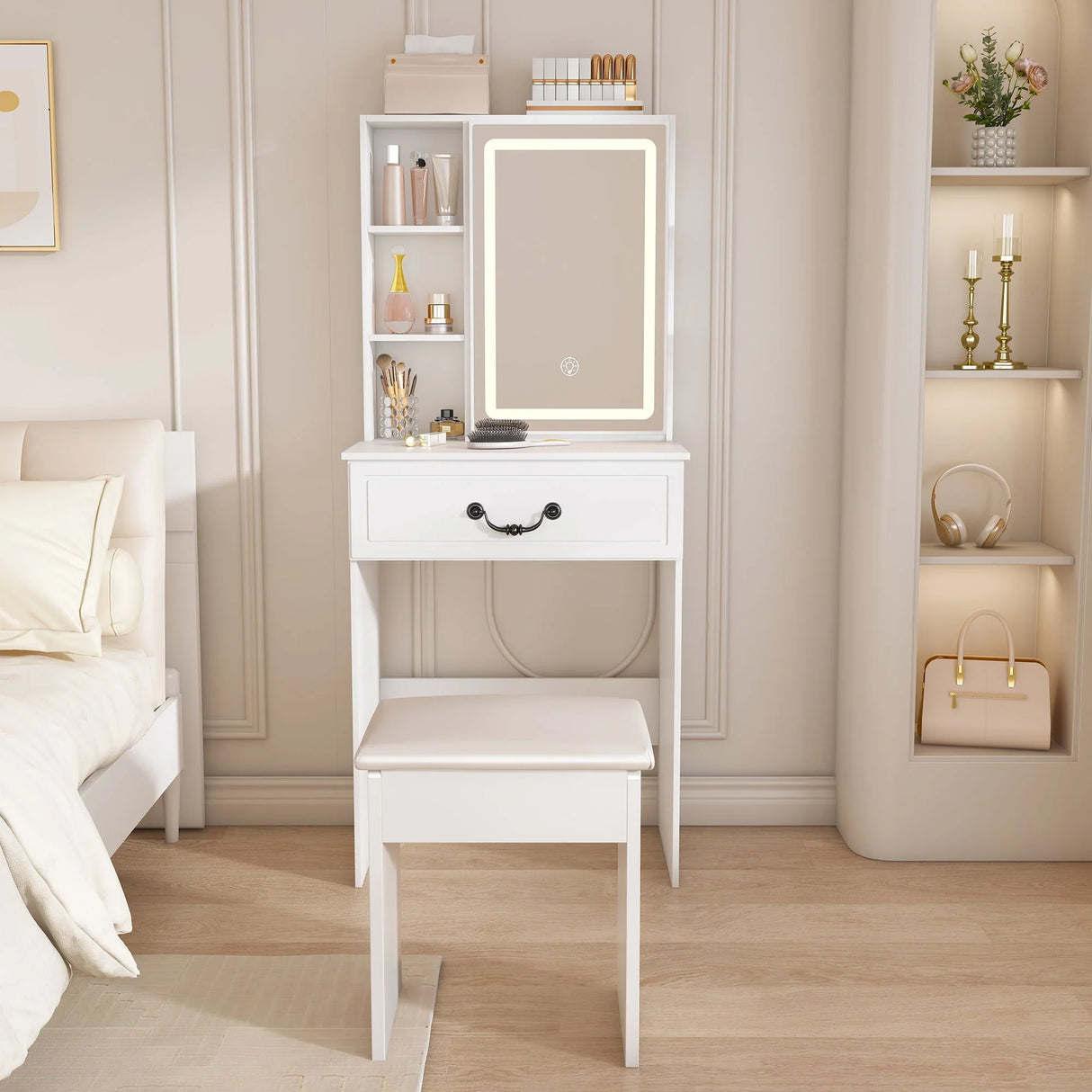 Modern Mini Dressing Table With Led-Lit Mirror & Hidden Storage, Adjustable Brightness Vanity Desk - White - Furniture Home Direct