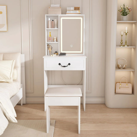 Modern Mini Dressing Table With Led-Lit Mirror & Hidden Storage, Adjustable Brightness Vanity Desk - White - Furniture Home Direct