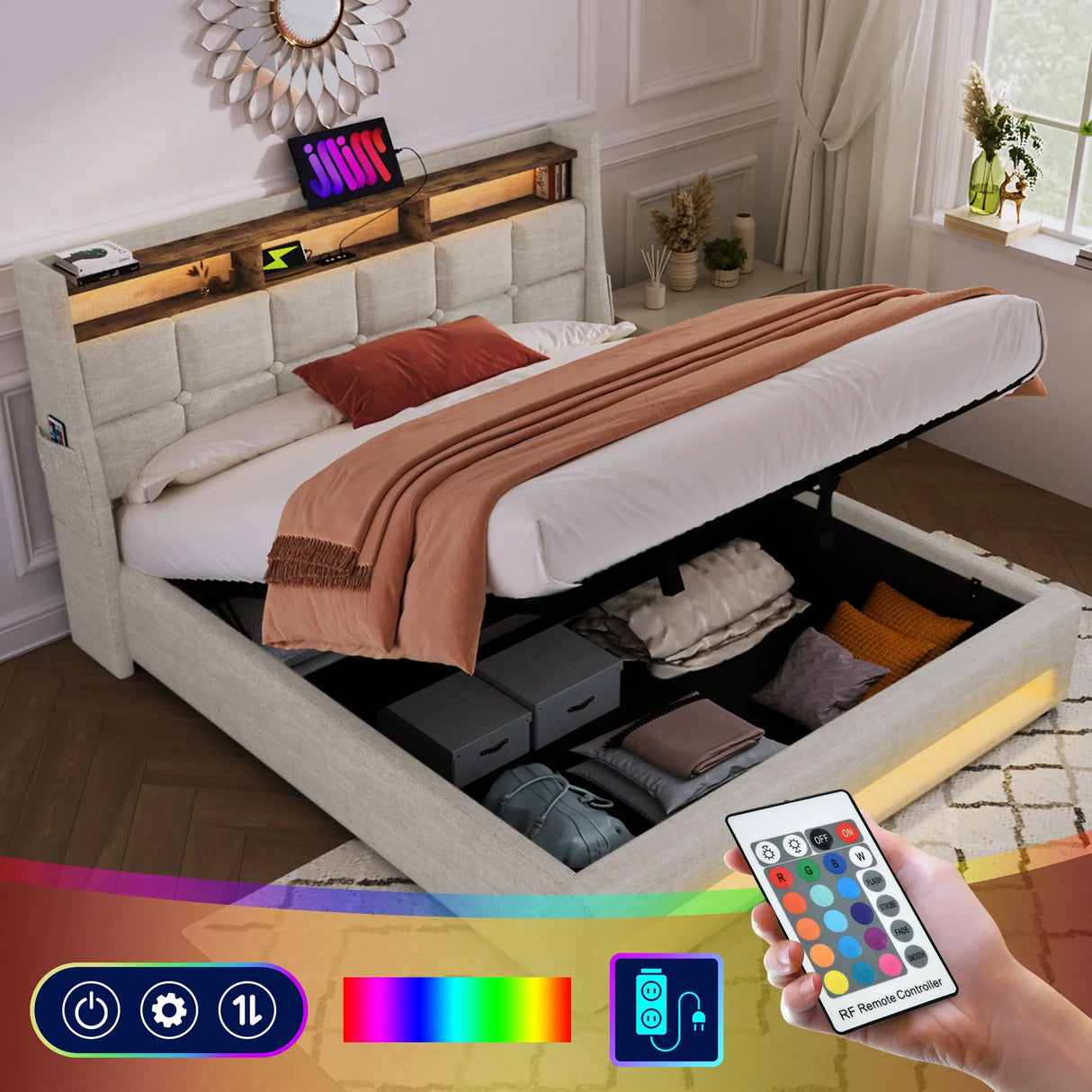 Upholstered Platform Bed With A Hydraulic Storage System, LED And USB Charging (Without Mattress) - Furniture Home Direct