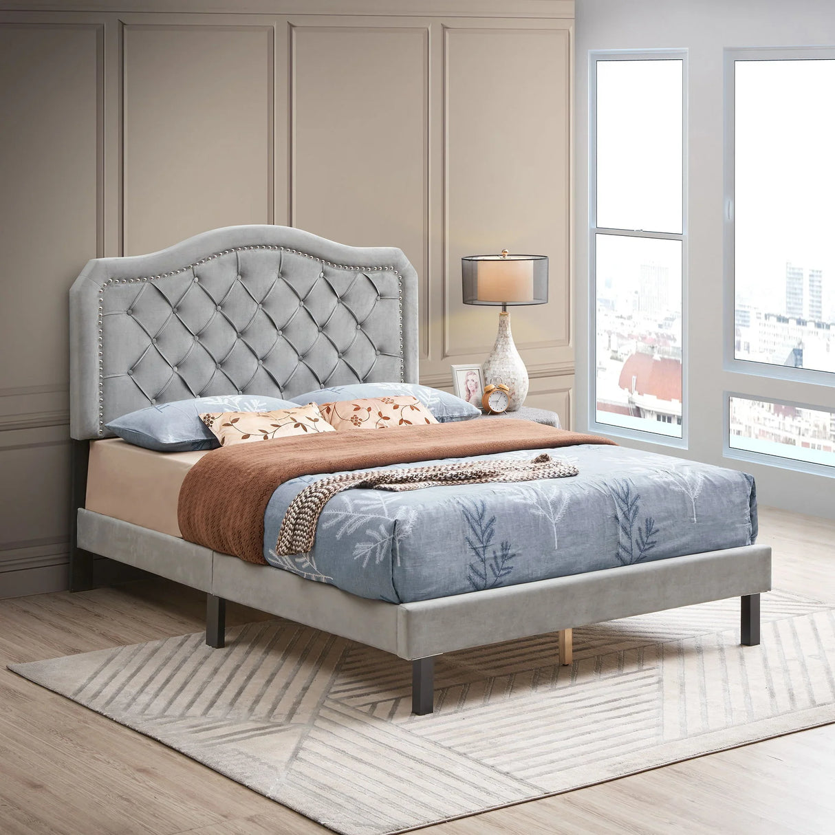 Queen Platform Upholstered Bed Button Tufted With Curve Design, Strong Wood Slat Support - Gray - Furniture Home Direct