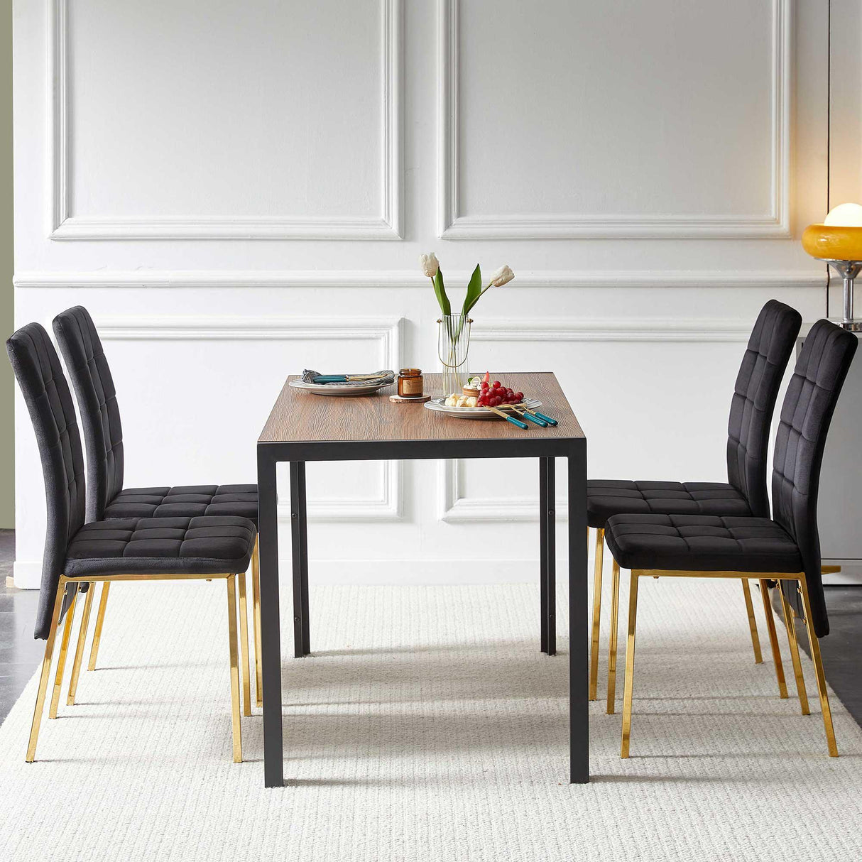 5 Pieces Dining Set Including Velvet High Back Golden Color Legs Nordic Dining Chair & Creative Design Dining Table - Furniture Home Direct