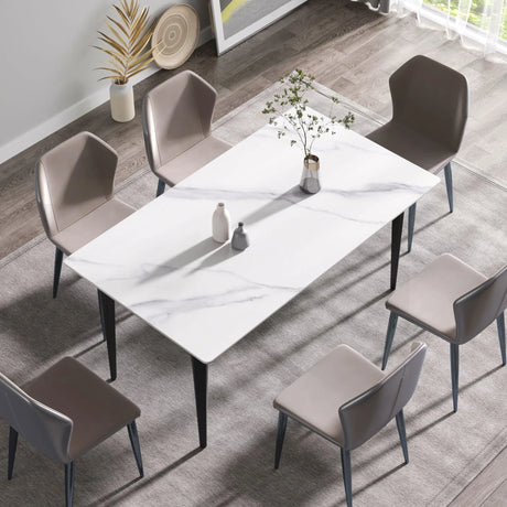 63" Modern Artificial Stone White Straight Edge Black Metal Leg Dining Table, 6 People - White / Black - Furniture Home Direct