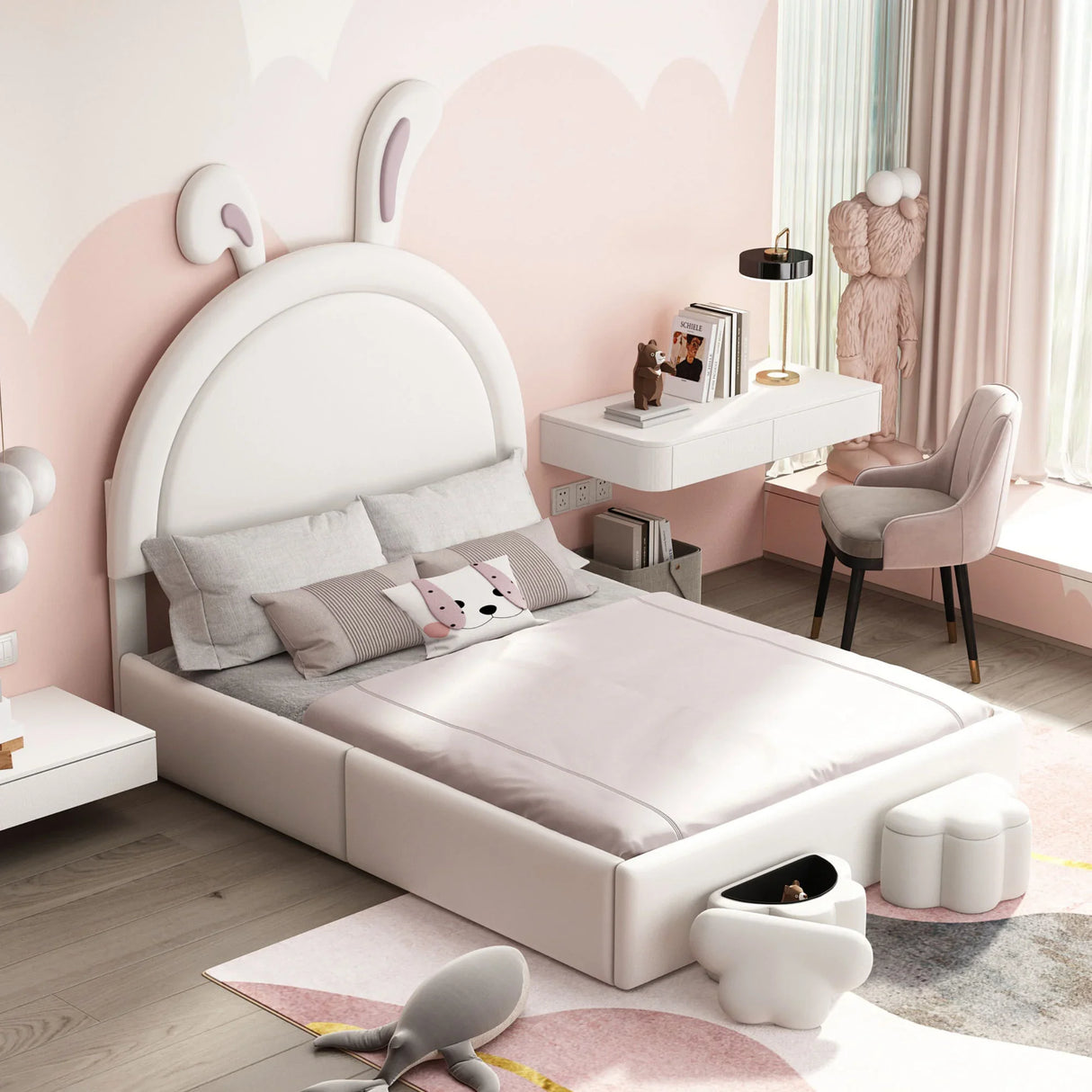 Rabbit-Shaped Bed for Kids Upholstered Full-Size White - Furniture Home Direct