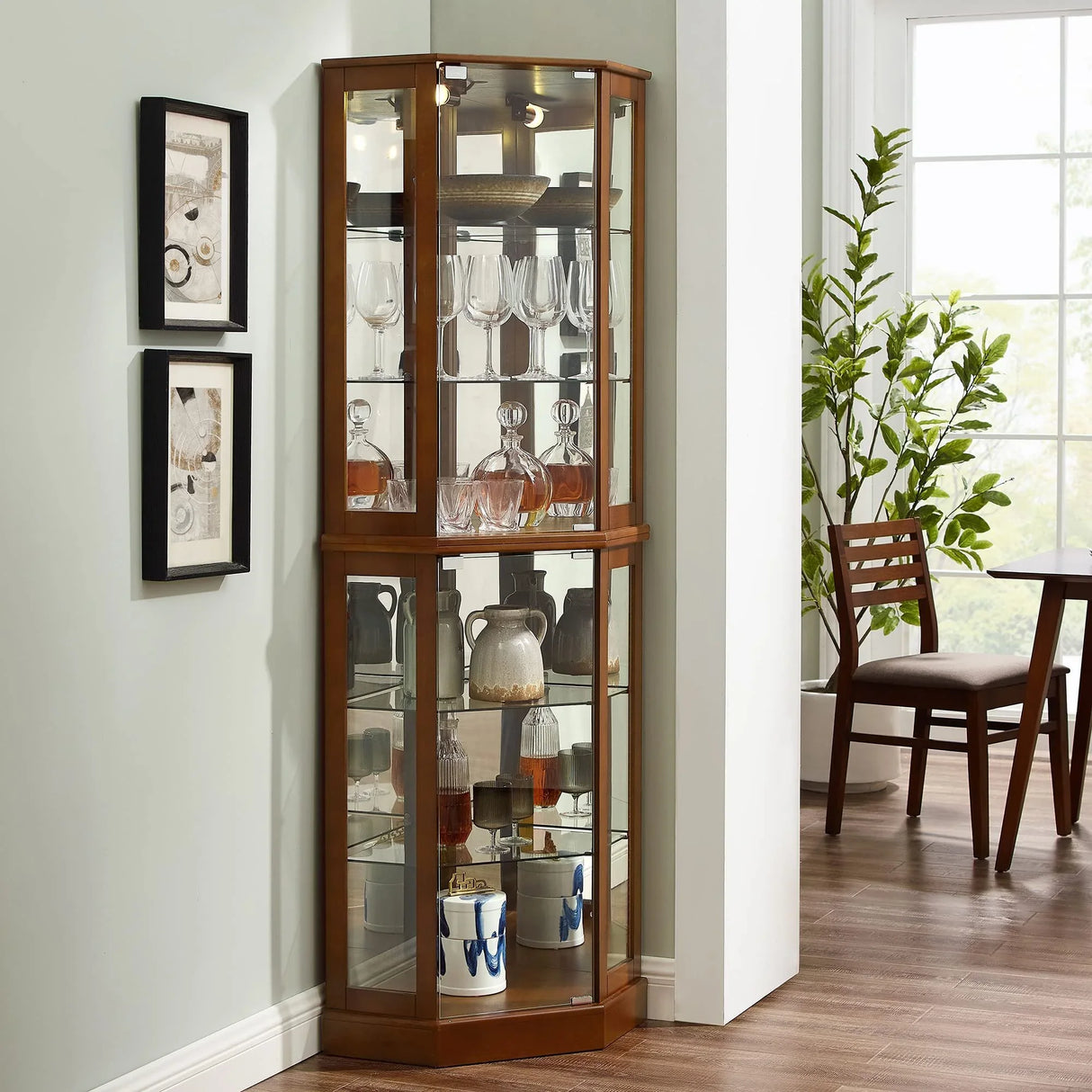 6 Shelf Corner Curio Display Cabinet With Lights, Mirrors And Adjustable Shelves (E26 Light Bulb Not Included) - Furniture Home Direct