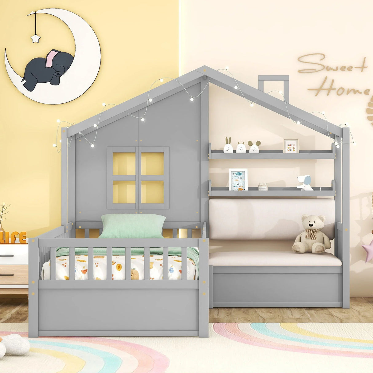 House Bed With Sofa, Kids Platform Bed With 2 Drawers And Storage Shelf - Furniture Home Direct
