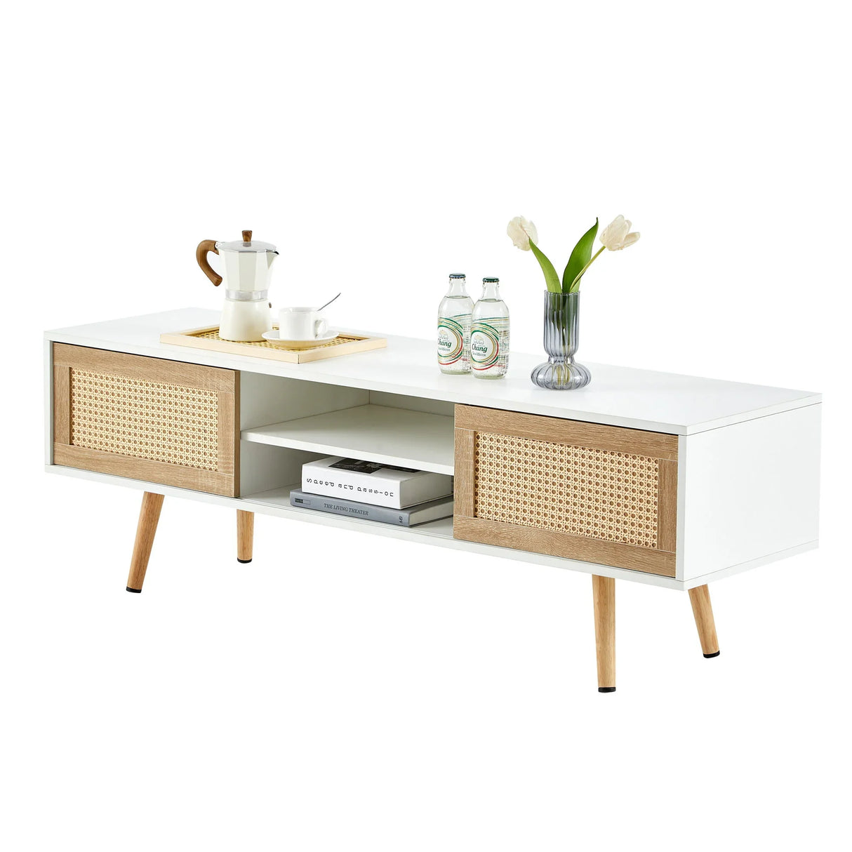 55.12" Rattan TV Cabinet, Double Sliding Doors For Storage, Adjustable Shelf, Solid Wood Legs, TV Console For Living Room - Furniture Home Direct