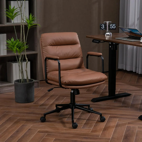 Office Chair, Mid Back Home Office Desk Task Chair With Wheels And Arms Ergonomic PU Leather Computer Rolling Swivel Chair With Padded Armrest - Furniture Home Direct
