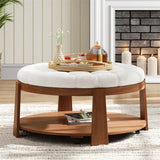 Round Ottoman Coffee Table with Upholstered Top Ivory White - Furniture Home Direct