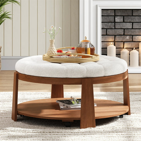 Round Ottoman Coffee Table with Upholstered Top Ivory White - Furniture Home Direct