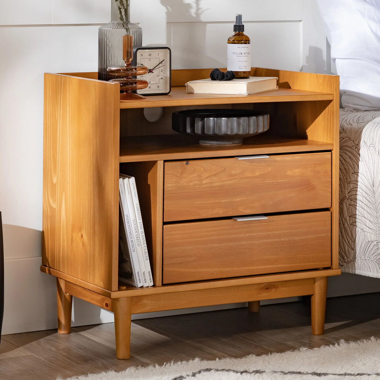 Mid-Century Modern Solid Wood 2 Drawer Gallery Nightstand - Furniture Home Direct