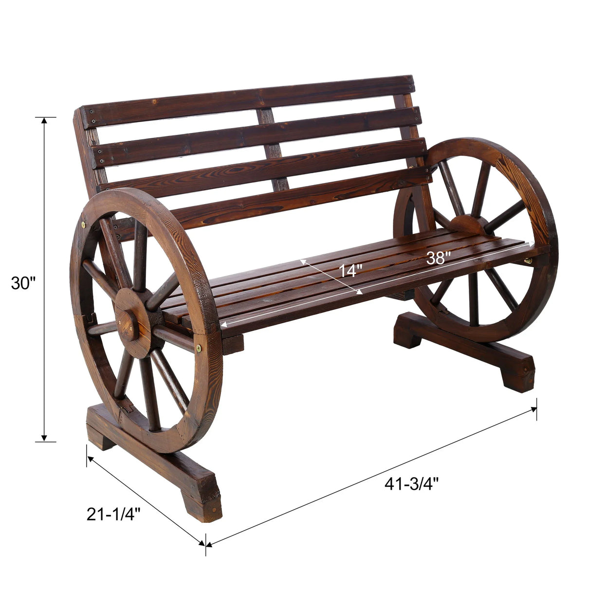 Rustic Country 2 Person Wooden Wagon Wheel Bench With Slatted Seat And Backrest - Brown - Furniture Home Direct