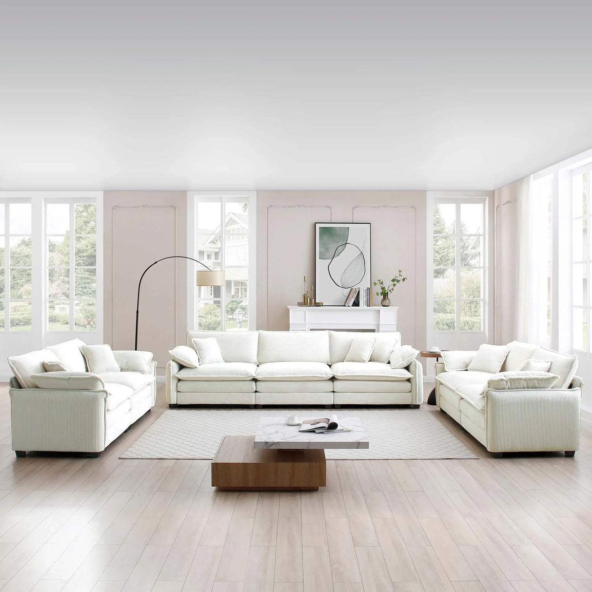 3 Piece Living Room Set - Beige Corduroy - Furniture Home Direct