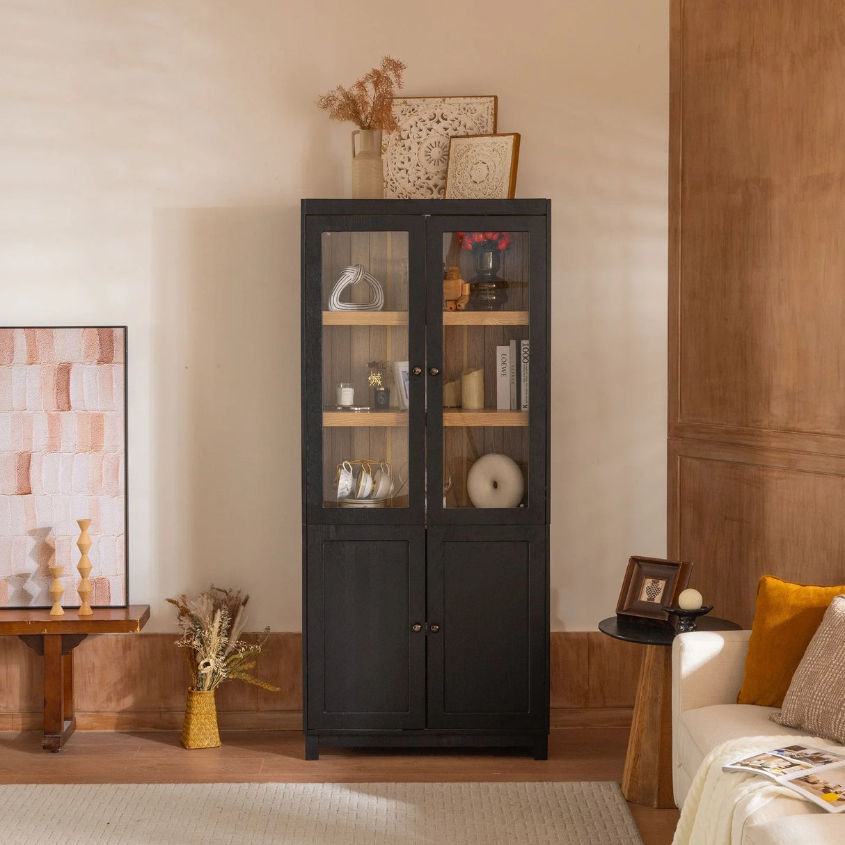Mid Century Modern Style Tall Display Cabinet With Glass Doors For Collectibles - Black - Furniture Home Direct