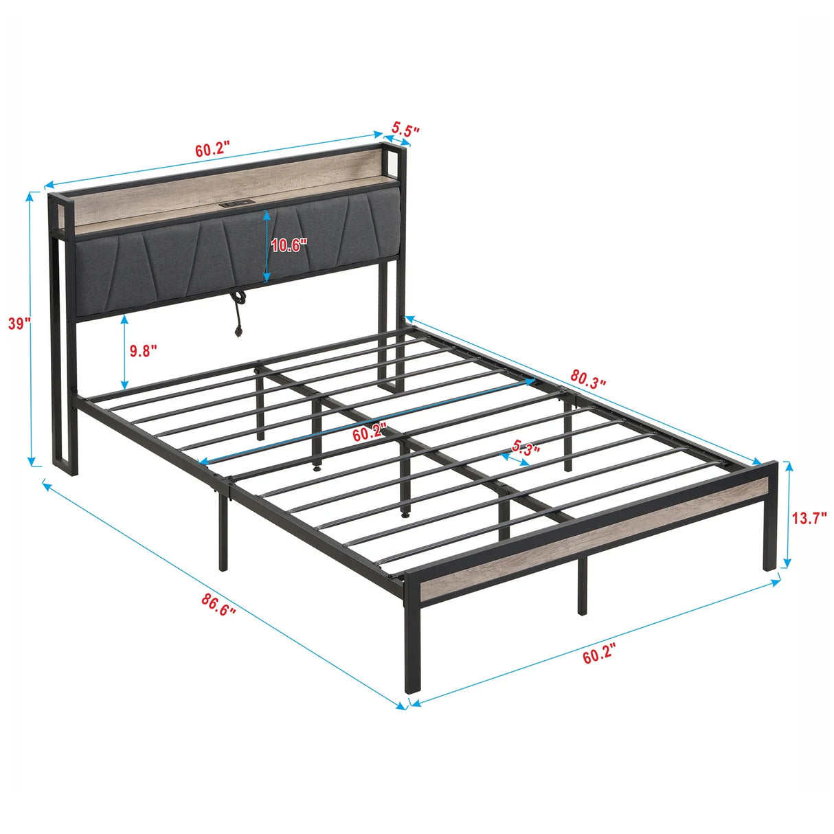 Modern Bed Frame With LED Lights, Upholstered Headboard, USB Charging - Furniture Home Direct