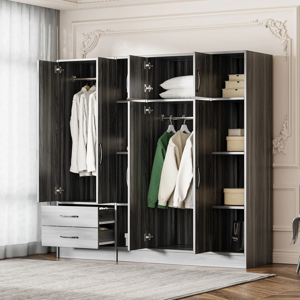6 Door Wardrobe With Shelves And Drawers - Furniture Home Direct