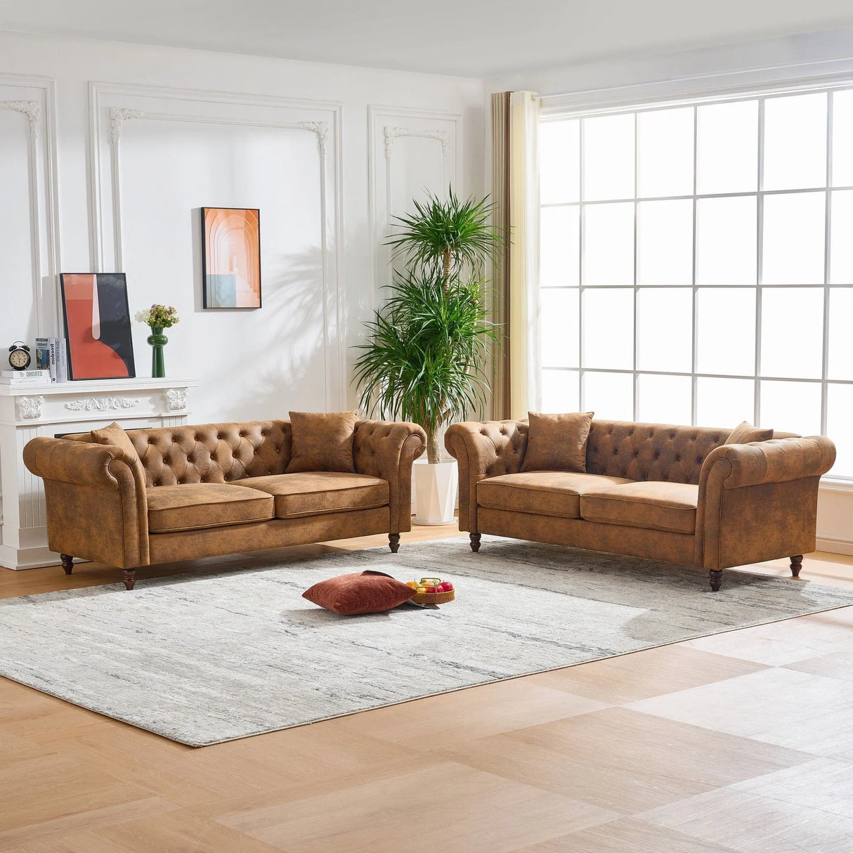 Chesterfield 3 And 3 Seater Sofa Set High Tech Fabric Roll Armrest Upholstered Couch - Furniture Home Direct