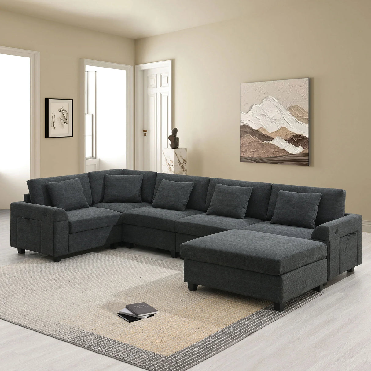 U Shaped Sectional Sofa 6 Seat Couch Set With Oversized Ottoman, Hidden Armrest Storage And Cup Holders USB Charging Ports Wide Seat Sofa - Furniture Home Direct