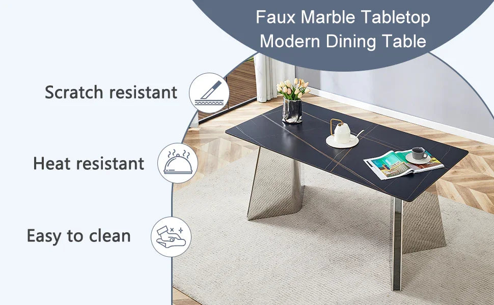 Dining Set Faux Marble Table With Black Chairs Silver - Furniture Home Direct