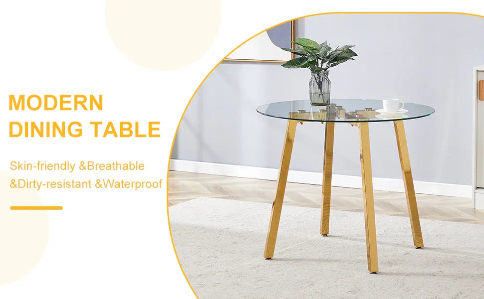 Dining Table Round Glass Top With Metal Base Finish Gold - Furniture Home Direct