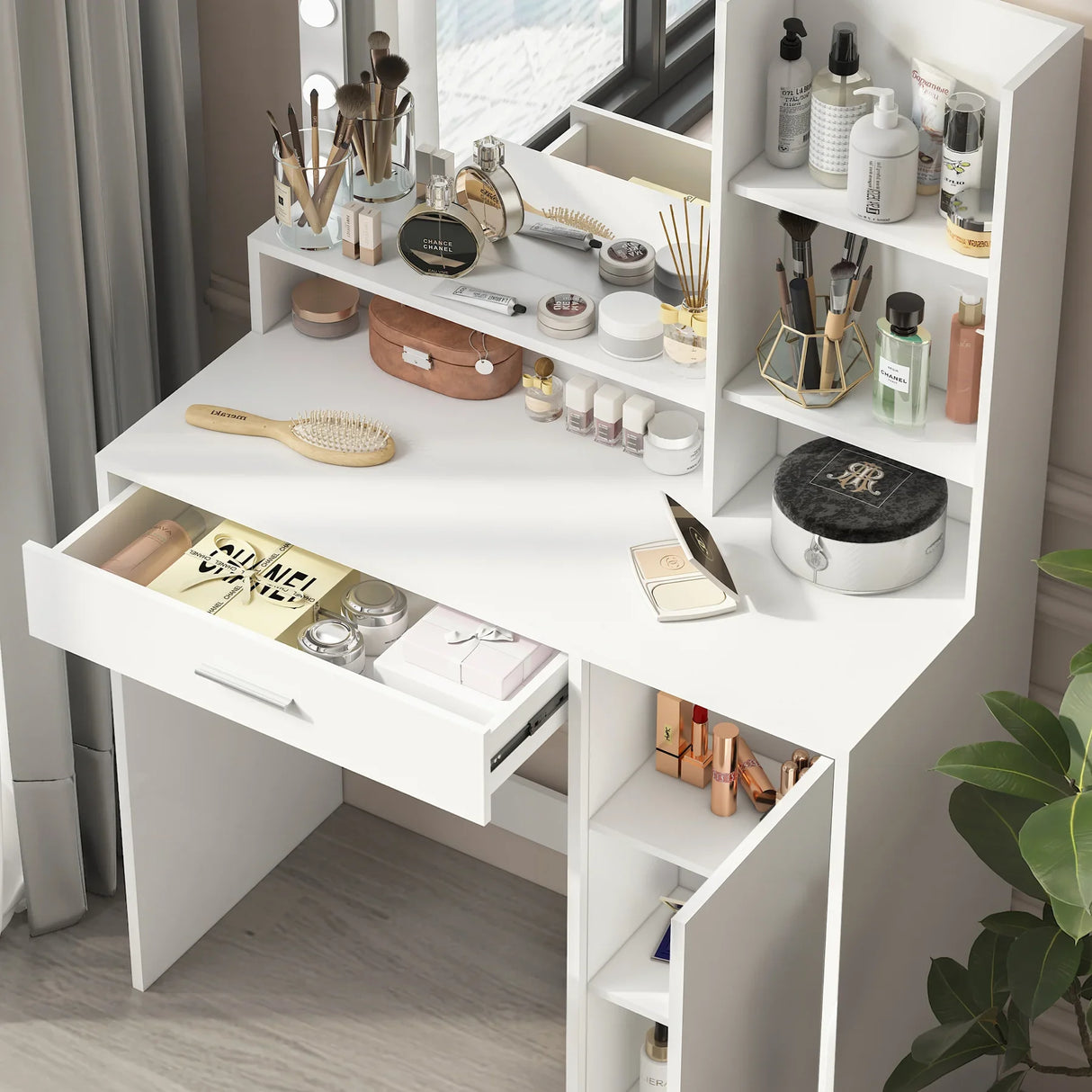 Vanity Desk With Mirror And LED Lighting For Bedroom White - Furniture Home Direct