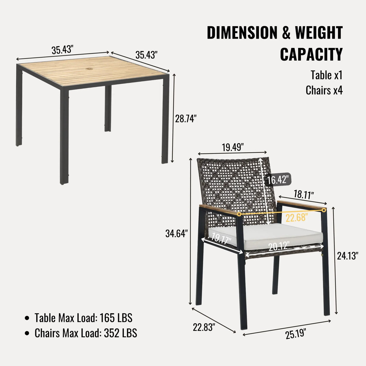 5 Piece Patio Dining Table Set, Acacia Wood Table Top With Umbrella Hole - Furniture Home Direct