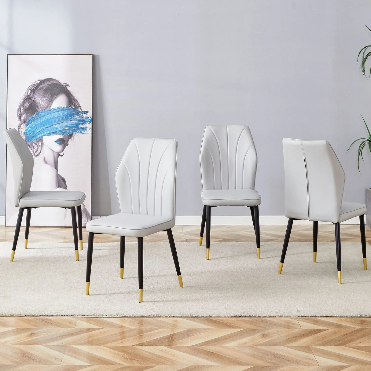 4 Modern Dining Chairs With Stylish Patterned Backrest And Metal Legs