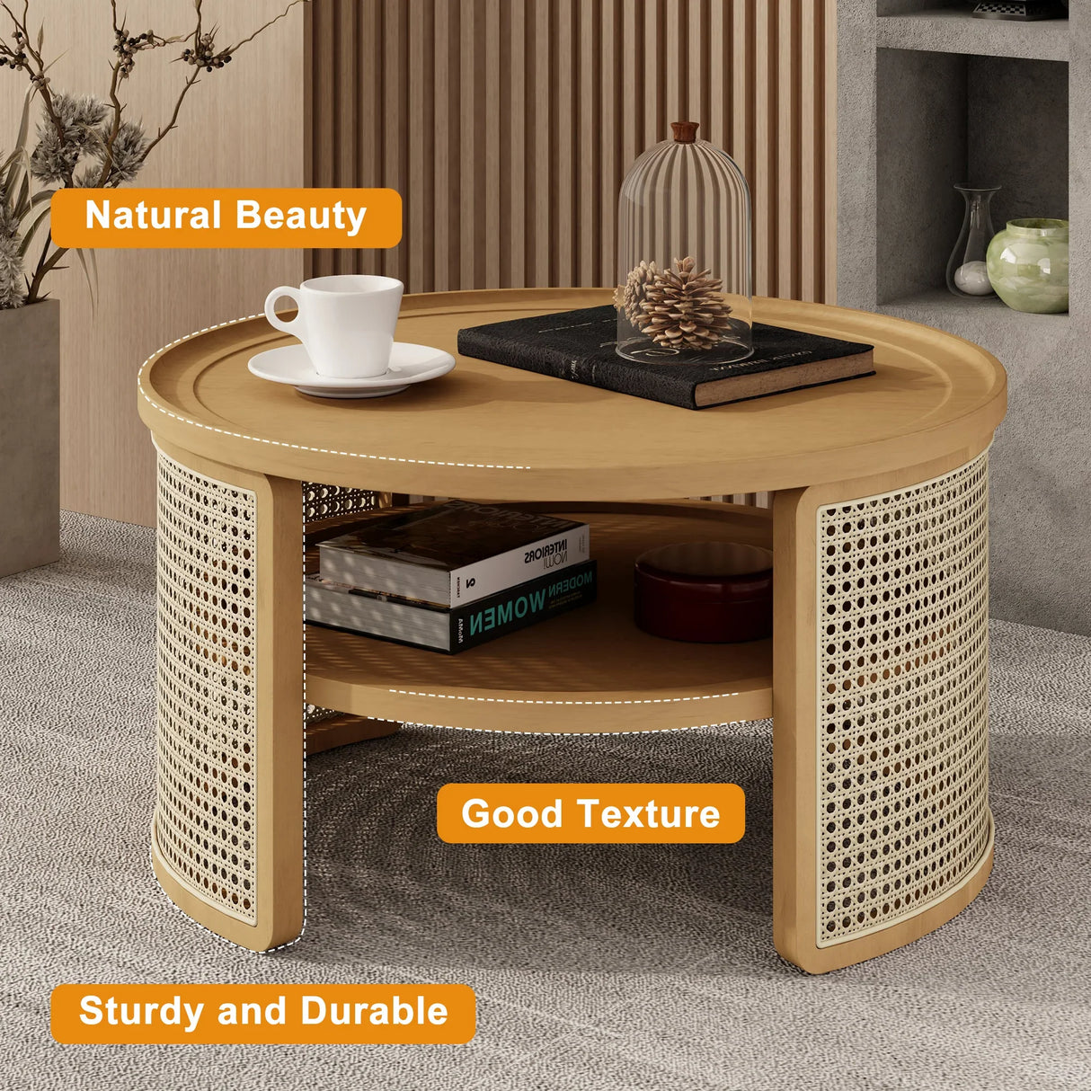 Round Coffee Table With Storage Caned Sides Natural - Furniture Home Direct