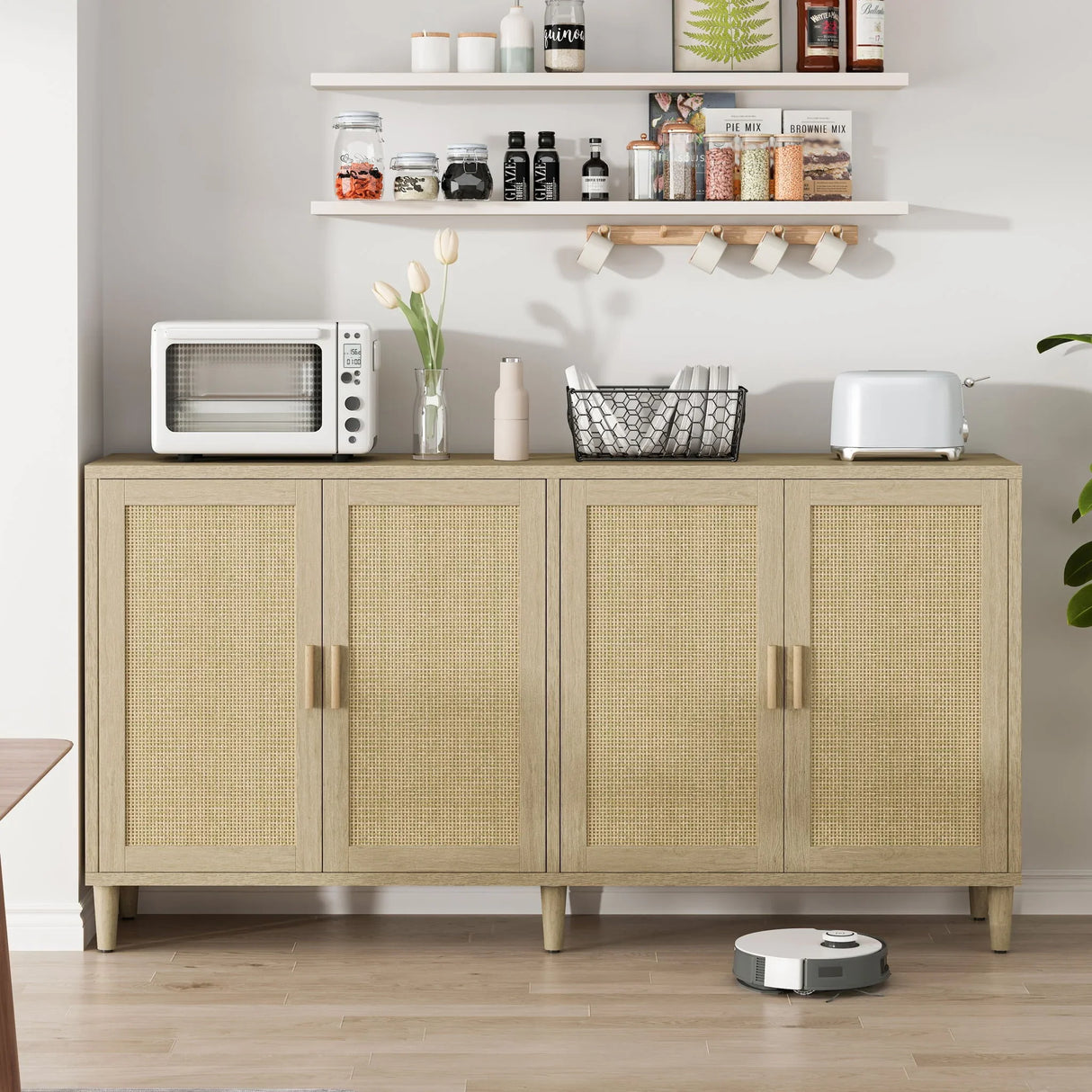 Rattan Buffet Cabinet With Storage, 4 Door Sideboard, Adjustable Shelves - Natural - Furniture Home Direct