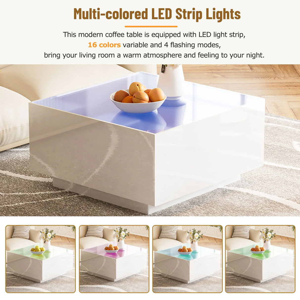 Square High Glossy Coffee Table With 16 Color Led Strip Lights, Modern Center Table With 5Mm Frosted Tempered Glass Top For Living Room - Furniture Home Direct
