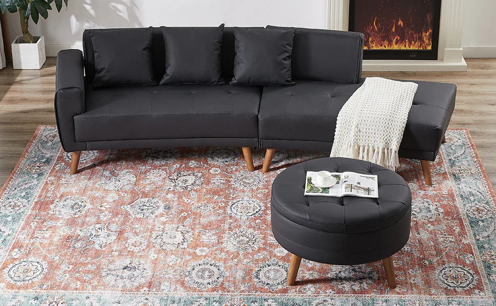 107 Inch Black Sectional With Round Storage Ottoman - Furniture Home Direct