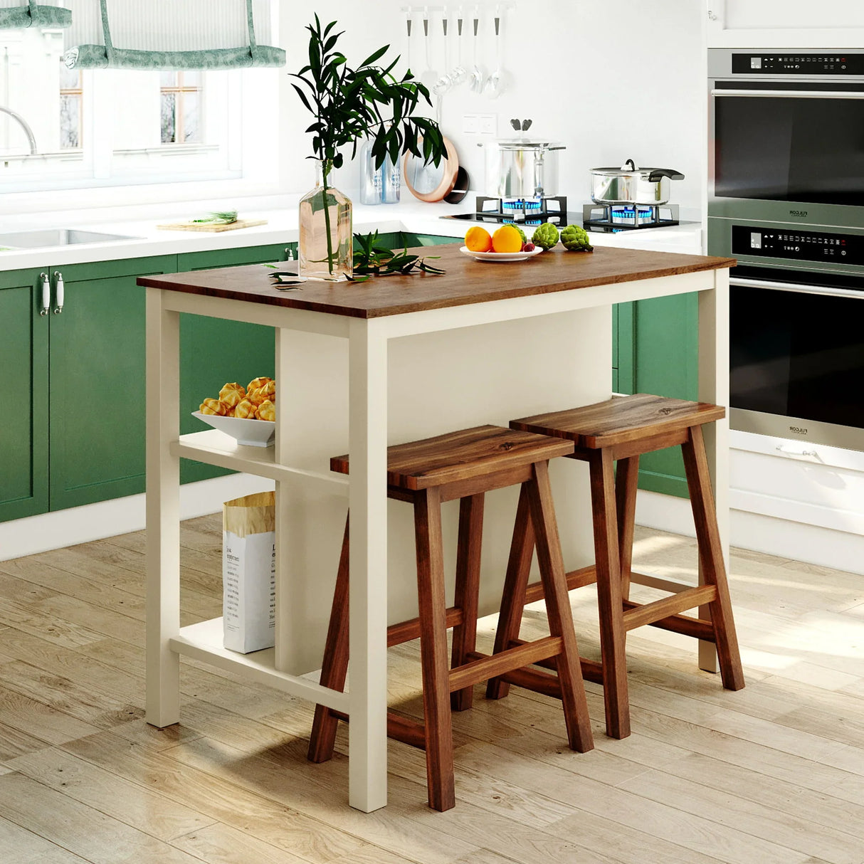 Rustic 3 Piece Stationary Kitchen Island Set With 2 Seatings, With 2 Open Shelves - Furniture Home Direct