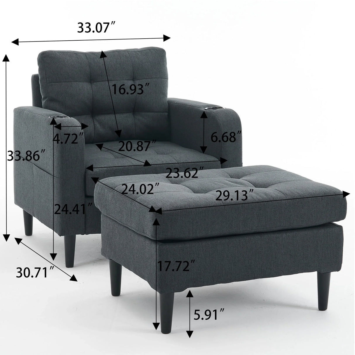 Upholstered Armchair And Storage Ottoman Set, Comfortable Single Sofa With Cup Holders And Tufted Detailing, Ideal For Living Room Or Bedroom - Furniture Home Direct