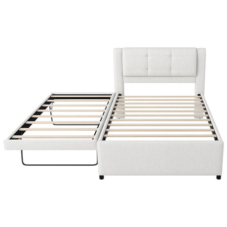 Upholstery Platform Bed With Trundle,Trundle Can Be Flat Or Erected - Furniture Home Direct