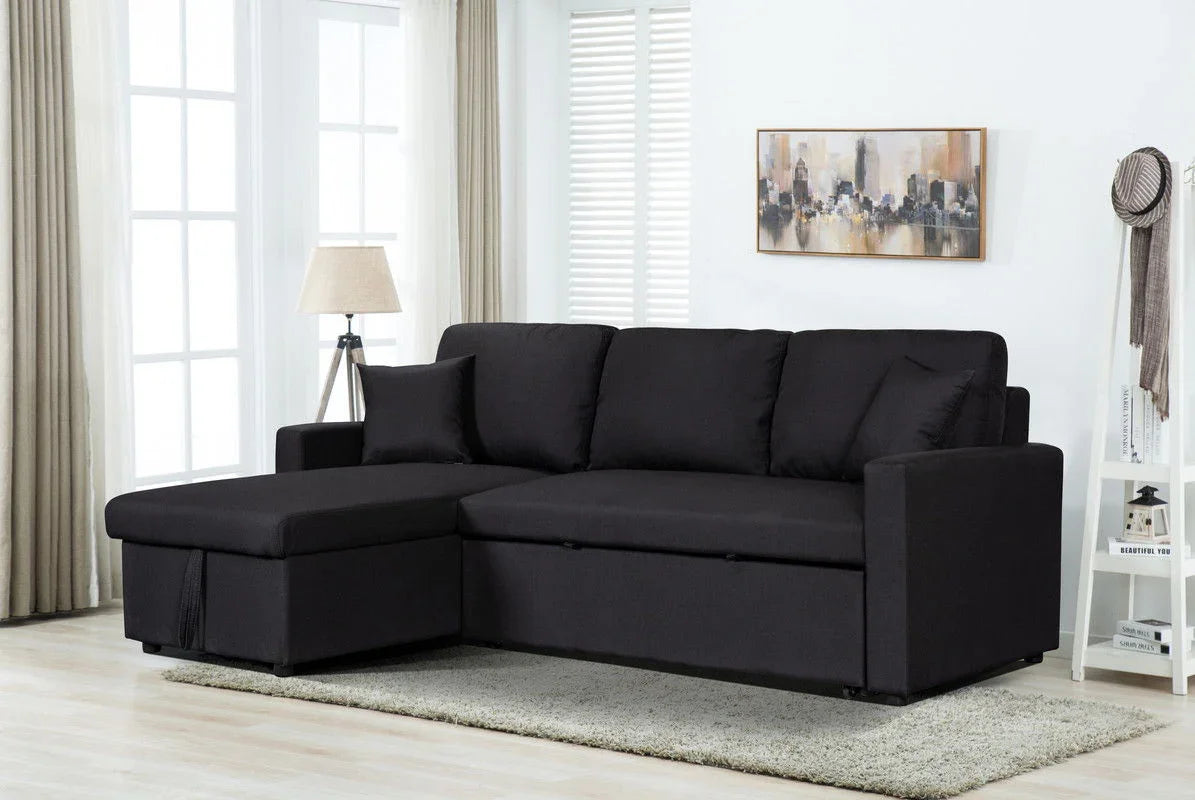 Paisley - Linen Fabric Reversible Sleeper Sectional Sofa With Storage Chaise - Furniture Home Direct