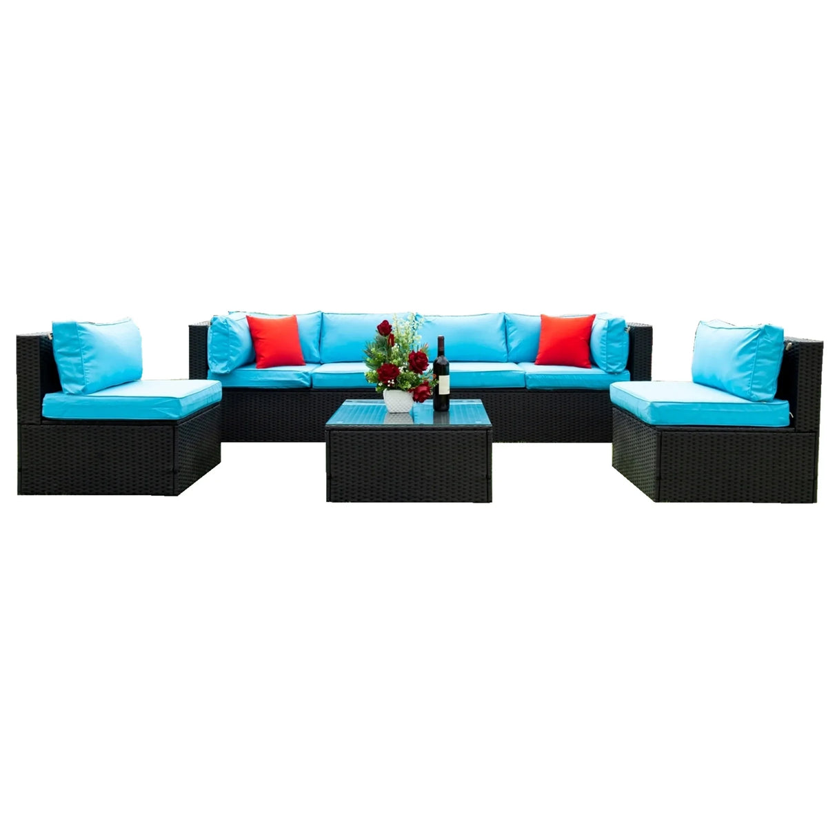 Outdoor Sectional Set With Blue Cushions - Furniture Home Direct