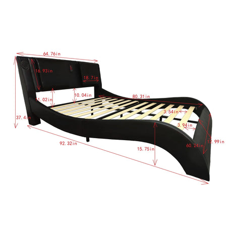 Queen Size Upholstered Platform Bed Frame With LED Lighting, Bluetooth Connection To Play Music Control, Backrest Vibration Massage, Curve Design, Wood Slat Support, Exhibited Speakers - Black - Furniture Home Direct
