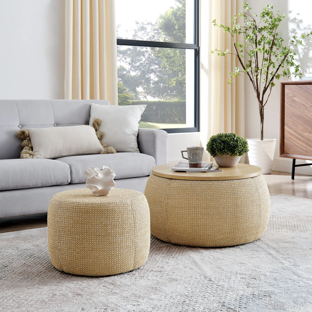 Round Storage Ottoman, 2 In 1 Function, End Table And Ottoman - Furniture Home Direct